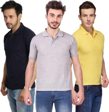 Men's Polo Neck Short Sleeve Casual Tshirt Combo of Dark Blue, Grey, Yellow colors (Pack of 3)