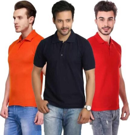 Men's Polo Neck Short Sleeve Casual Tshirt Combo of Dark Blue, Red, Orange colors (Pack of 3)