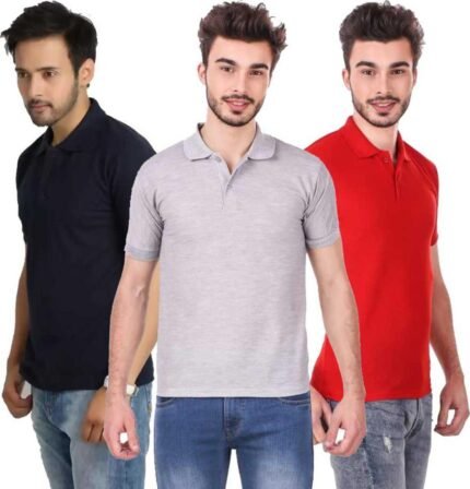 Men's Polo Neck Short Sleeve Casual Tshirt Combo of Dark Blue, Red, Grey colors (Pack of 3)
